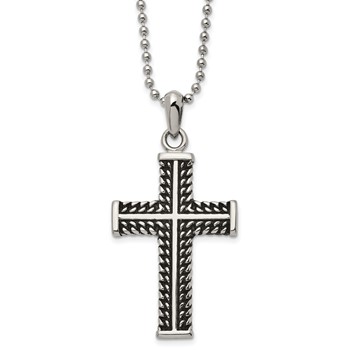 Chisel Stainless Steel Antiqued and Polished Chain Design Cross Pendant on a 22 inch Ball Chain Necklace