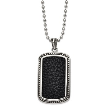 Chisel Stainless Steel Antiqued and Polished Black Textured Leather Inlay Dog Tag on a 22 inch Ball Chain Necklace