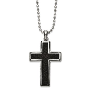 Chisel Stainless Steel Antiqued and Polished Black Leather Inlay Cross Pendant on a 22 inch Ball Chain Necklace