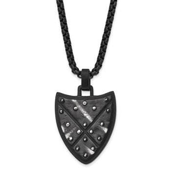 Chisel Stainless Steel Antiqued and Brushed Black IP-plated Shield Pendant on a 24 inch Box Chain Necklace