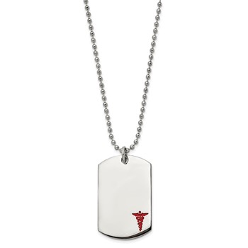 Chisel Stainless Steel Polished with Red Enamel Medical ID Dog Tag on a 24 inch Ball Chain Necklace — alternate view