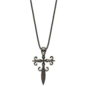 Chisel Stainless Steel Antique White Bronze-plated with CZ Cross and Skull Pendant on a 24 inch Box Chain Necklace — alternate view