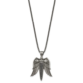 Chisel Stainless Steel Antiqued White Bronze-plated with Black CZ Sword with Wings on a 24 inch Box Chain Necklace — alternate view