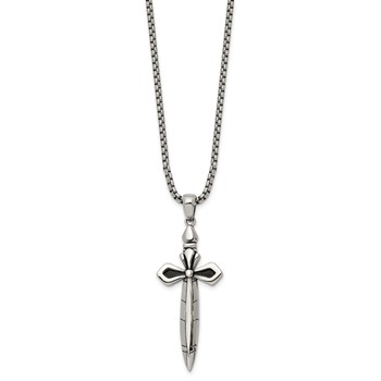 Chisel Stainless Steel Antiqued and Polished Cross/Sword Pendant on a 24 inch Box Chain Necklace — alternate view