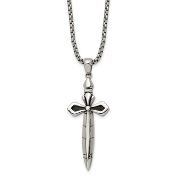 Chisel Stainless Steel Antiqued and Polished Cross/Sword Pendant on a 24 inch Box Chain Necklace