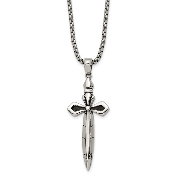 Chisel Stainless Steel Antiqued and Polished Cross/Sword Pendant on a 24 inch Box Chain Necklace