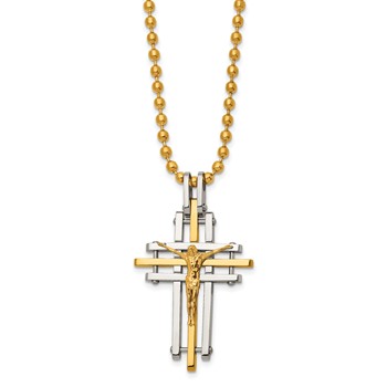 Chisel Stainless Steel Polished Yellow IP-plated Crucifix Pendant on a 24 inch Ball Chain Necklace