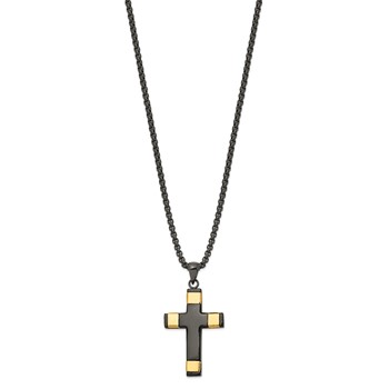 Chisel Stainless Steel Polished Black and Yellow IP-plated Cross Pendant on a 19.75 inch Box Chain Necklace — alternate view