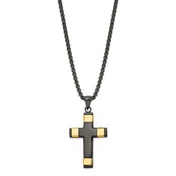 Chisel Stainless Steel Polished Black and Yellow IP-plated Cross Pendant on a 19.75 inch Box Chain Necklace