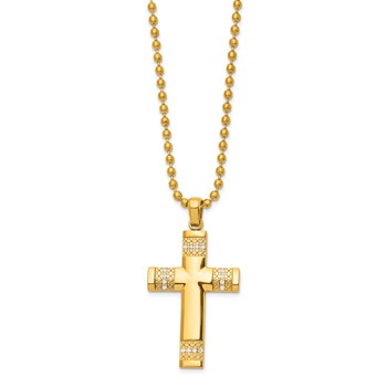 Chisel Stainless Steel Polished and Textured Yellow IP-plated with CZ Cross Pendant on a 24 inch Ball Chain Necklace — alternate view