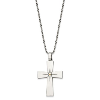 Chisel Stainless Steel Polished Yellow IP-plated Starburst Cross Pendant on a 24 inch Box Chain Necklace — alternate view