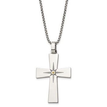 Chisel Stainless Steel Polished Yellow IP-plated Starburst Cross Pendant on a 24 inch Box Chain Necklace