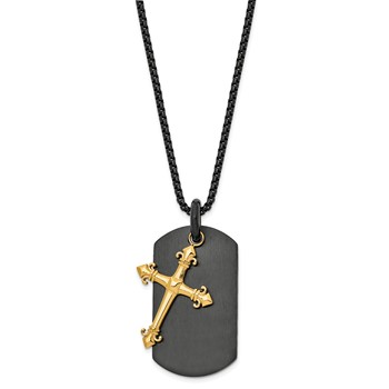 Chisel Stainless Steel Polished Black and Yellow IP-plated 2 Piece Cross and Dog Tag on a 24.75 inch Box Chain Necklace — alternate view