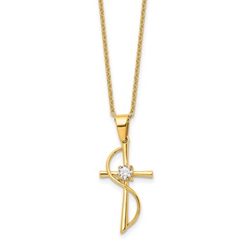 Chisel Stainless Steel Polished Yellow IP-plated with CZ Cross Pendant on a 17.75 inch Cable Chain Necklace