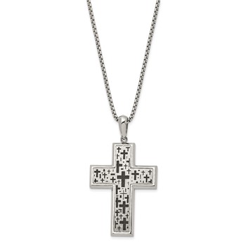 Chisel Stainless Steel Brushed Polished and Laser cut Black IP-plated Cross Pendant on a 24 inch Box Chain Necklace — alternate view