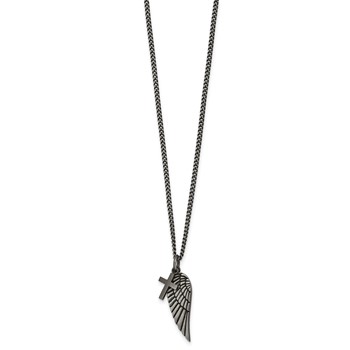 Chisel Stainless Steel Antiqued Wing and Cross Pendant on a 19.75 in Curb Chain with 2 inch Extension Necklace — alternate view
