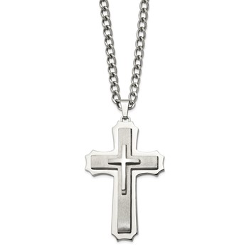 Chisel Stainless Steel Brushed and Polished Large Cross Pendant on a 24 inch Curb Chain Necklace — alternate view