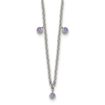 Stainless Steel Polished Purple Crystal 17.5in w/2in ext Necklace