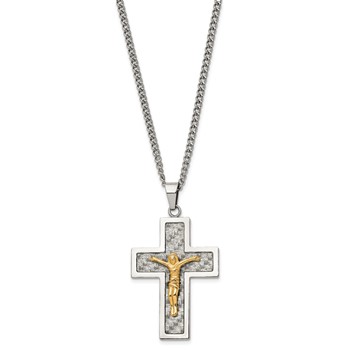 Chisel Stainless Steel Polished Yellow IP-plated Grey Carbon Fiber Inlay Crucifix Pendant on a 24 inch Curb Chain Necklace — alternate view