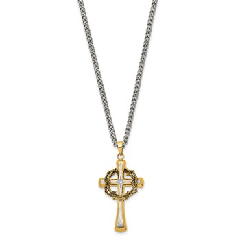 Chisel Stainless Steel Brushed and Polished Yellow IP-plated with CZ Philippians 4:13 Cross on a 24 inch Curb Chain Necklace — alternate view