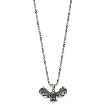 Chisel Stainless Steel Antiqued and Polished Flying Owl Pendant on a 24 inch Box Chain Necklace — alternate view