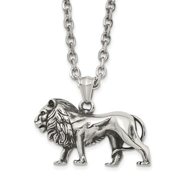 Chisel Stainless Steel Antiqued and Polished Lion Pendant on a 25.5 inch Box Chain Necklace