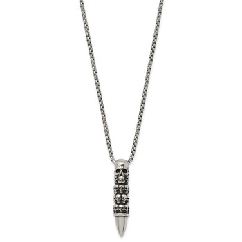 Chisel Stainless Steel Antiqued and Polished Bullet with Skulls Pendant on a 25.5 inch Box Chain Necklace — alternate view