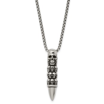 Chisel Stainless Steel Antiqued and Polished Bullet with Skulls Pendant on a 25.5 inch Box Chain Necklace