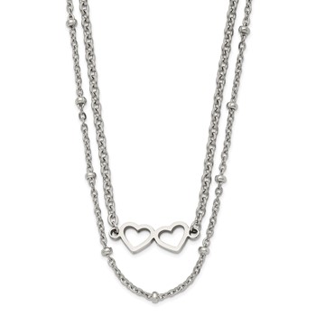Chisel Stainless Steel Polished Double Hearts on an 18 inch 2-Strand Cable Chain Necklace