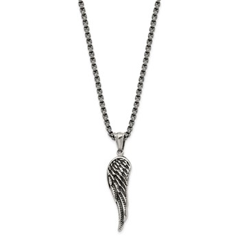 Chisel Stainless Steel Antiqued and Polished Angel Wing Pendant on a 23.5 inch Box Chain Necklace — alternate view