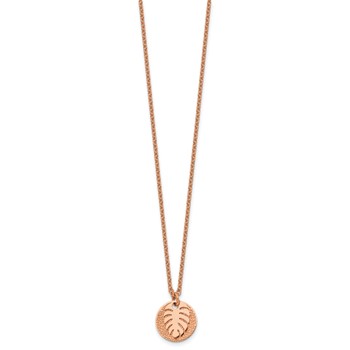 Chisel Stainless Steel Polished and Textured Rose IP-plated Circle with Leaf Pendant on a 27.5 inch Cable Chain Necklace — alternate view