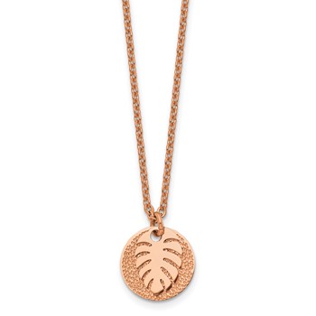 Chisel Stainless Steel Polished and Textured Rose IP-plated Circle with Leaf Pendant on a 27.5 inch Cable Chain Necklace