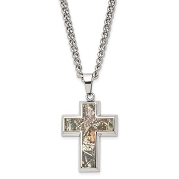 Chisel Stainless Steel Polished Printed Hunting Camo Under Rubber Cross Pendant on a 24 inch Curb Chain Necklace