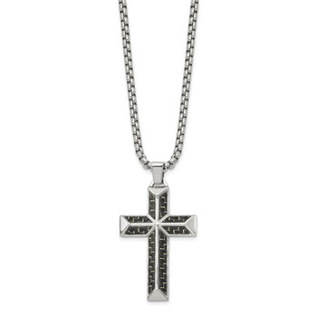 Chisel Stainless Steel Polished with Black Carbon Fiber Inlay Cross Pendant on a 22 inch Box Chain Necklace — alternate view