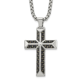 Chisel Stainless Steel Polished with Black Carbon Fiber Inlay Cross Pendant on a 22 inch Box Chain Necklace