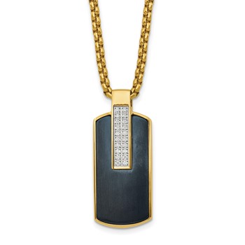 Chisel Stainless Steel Polished Black and Yellow IP-plated with CZ Dog Tag on a 24 inch Box Chain Necklace