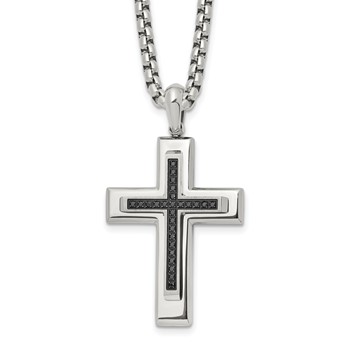 Chisel Stainless Steel Polished with Black CZ Cross Pendant on a 22 inch Box Chain Necklace