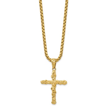 Chisel Stainless Steel Polished and Textured Yellow IP-plated Nugget Cross Pendant on a 22 inch Box Chain Necklace — alternate view