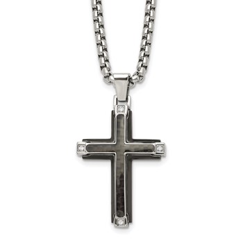 Chisel Stainless Steel Polished with CZ and Black Carbon Fiber Inlay Cross Pendant on a 22 inch Box Chain Necklace
