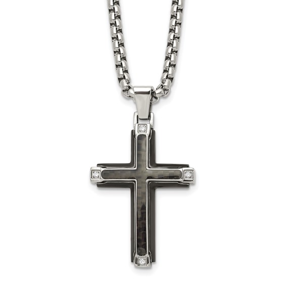 Stainless Steel Polished With Carbon Fiber Inlay Cross 22in Necklace