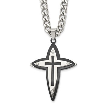 Chisel Stainless Steel Polished Black IP-plated Cross Pendant on a 22 inch Curb Chain Necklace