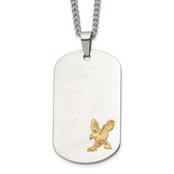 Chisel Stainless Steel Polished with 14K Gold Accent Eagle Dog Tag on a 24 inch Curb Chain Necklace