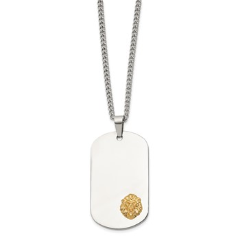 Chisel Stainless Steel Polished with 14K Gold Accent Lion Head Dog Tag on a 24 inch Curb Chain Necklace — alternate view