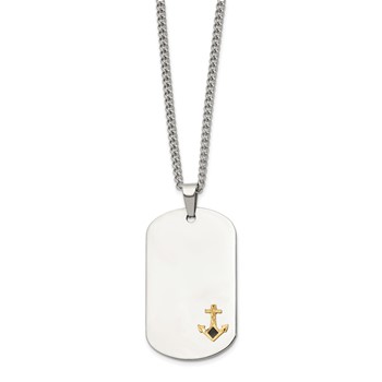 Chisel Stainless Steel Polished with Diamond-cut 14K Gold Accent Anchor with Black Enameled Dog Tag on a 24 inch Curb Chain Necklace — alternate view