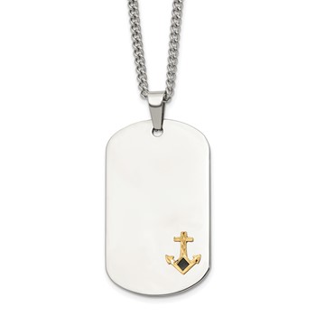 Chisel Stainless Steel Polished with Diamond-cut 14K Gold Accent Anchor with Black Enameled Dog Tag on a 24 inch Curb Chain Necklace