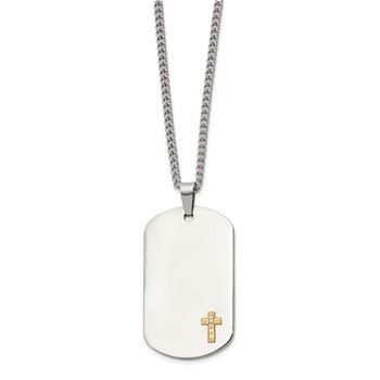 Chisel Stainless Steel Polished with 14K Gold Accent and .02 ct. Diamond Cross Dog Tag on a 24 inch Curb Chain Necklace — alternate view