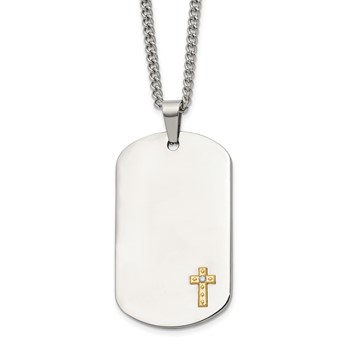 Chisel Stainless Steel Polished with 14K Gold Accent and .02 ct. Diamond Cross Dog Tag on a 24 inch Curb Chain Necklace