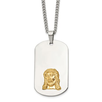 Chisel Stainless Steel Polished with 10K Gold Accent Jesus Face Dog Tag on a 24 inch Curb Chain Necklace