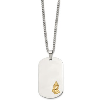 Chisel Stainless Steel Polished with 14K Gold Accent Praying Hands Dog Tag on a 24 inch Curb Chain Necklace — alternate view