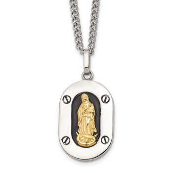 Chisel Stainless Steel Polished with 10K Gold Accent Our Lady of Guadalupe with Black Enamel Pendant on a 24 inch Cable Chain Necklace